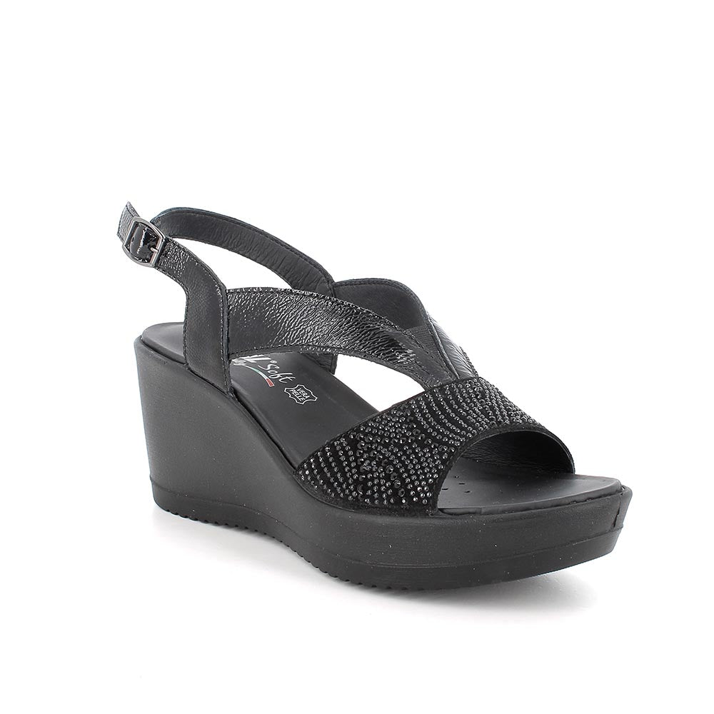 ENVAL Soft Sandali neri in pelle con zeppa da donna.Nero. 5786000