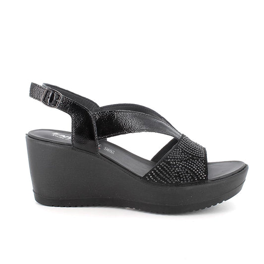 ENVAL Soft Sandali neri in pelle con zeppa da donna.Nero.  5786000